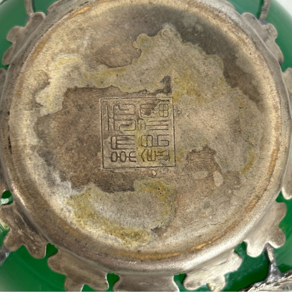 Chinese Green jade colored glass Bowls Metal Mount with Dragon & Phoenix vintage - Picture 7 of 9